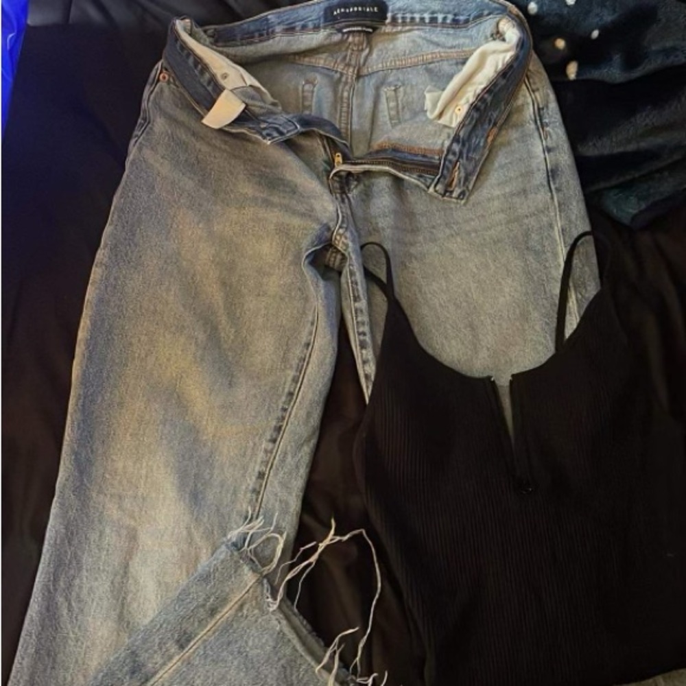 boyfriend fit denim jeans (size 0) and black one piece (size small)